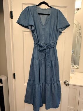 Chambray V-Neck Tiered Maxi Dress with Waist Tie - Light Blue